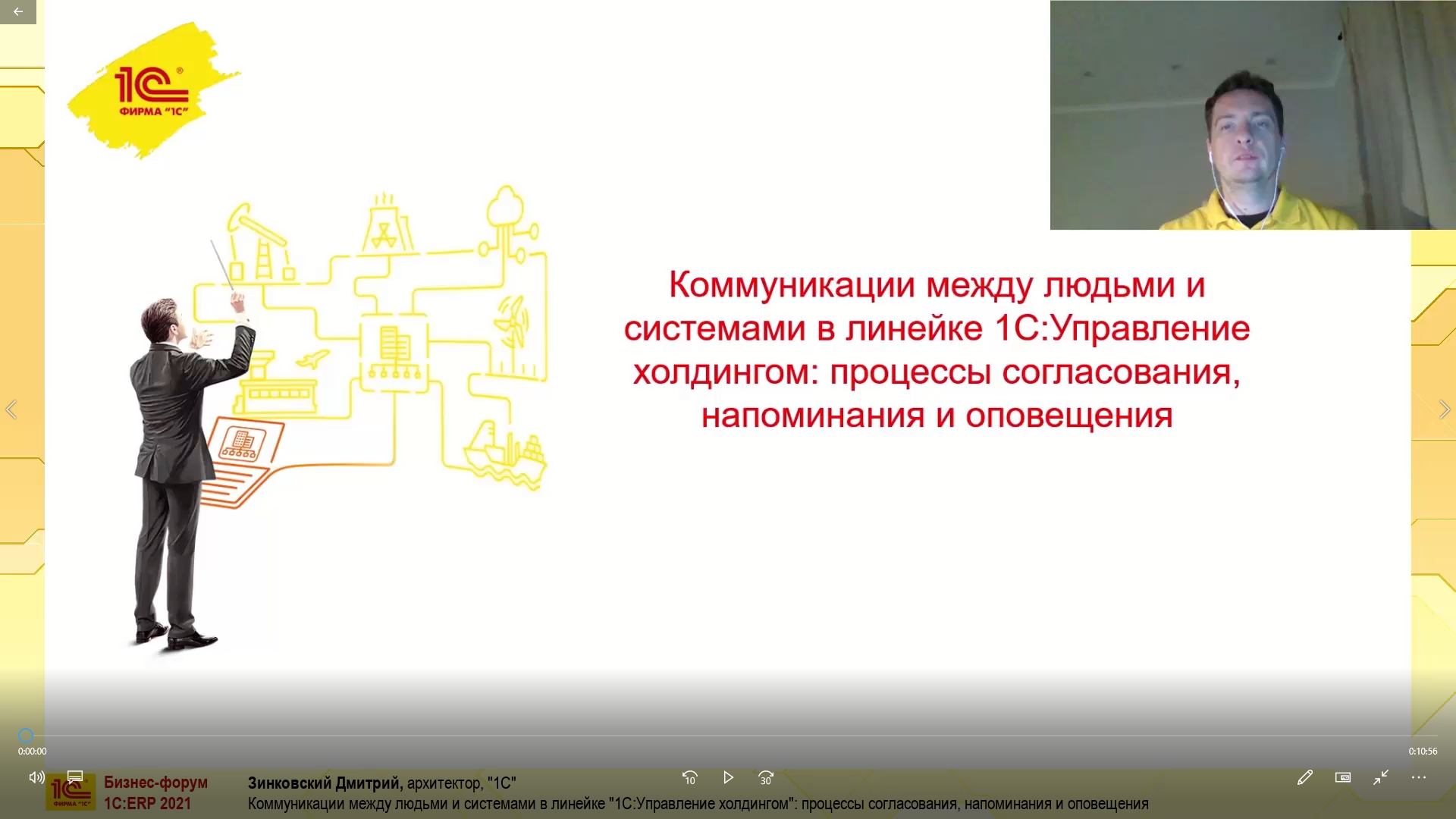 Коммуникации между людьми и системами в линейке «1С:Управление холдингом»:  процессы согласования, напоминания и оповещения (Бизнес-форум 1С:ERP онлайн  17 ноября 2021 г., Зинковский Дмитрий, «1С»)