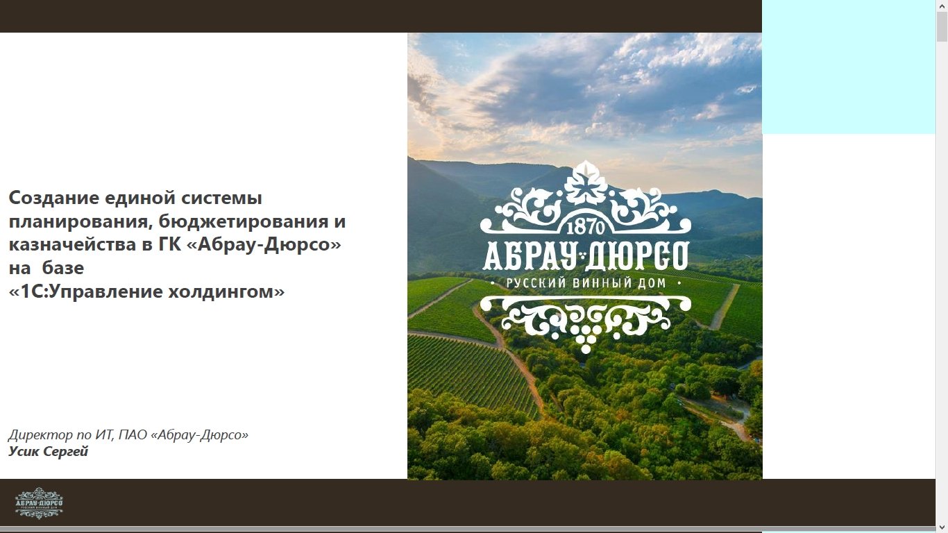 Создание единой системы планирования, бюджетирования и казначейства в ГК « Абрау-Дюрсо» (Бизнес-форум 1С:ERP онлайн 18 ноября 2020 г., Усик Сергей, ПАО  «Абрау-Дюрсо»)